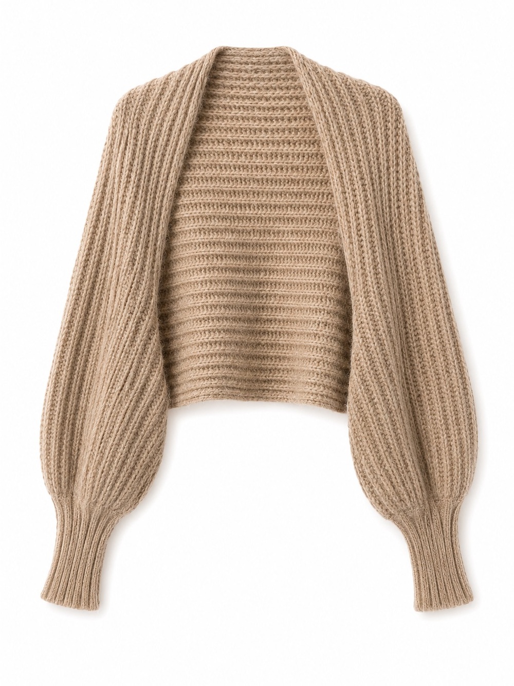 OAK + FORT Cropped Ribbed Balloon-Sleeve Shrug in Taupe